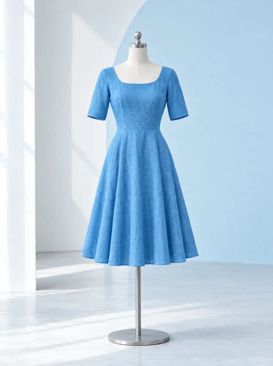 A sky-blue linen day frock on a dress form
