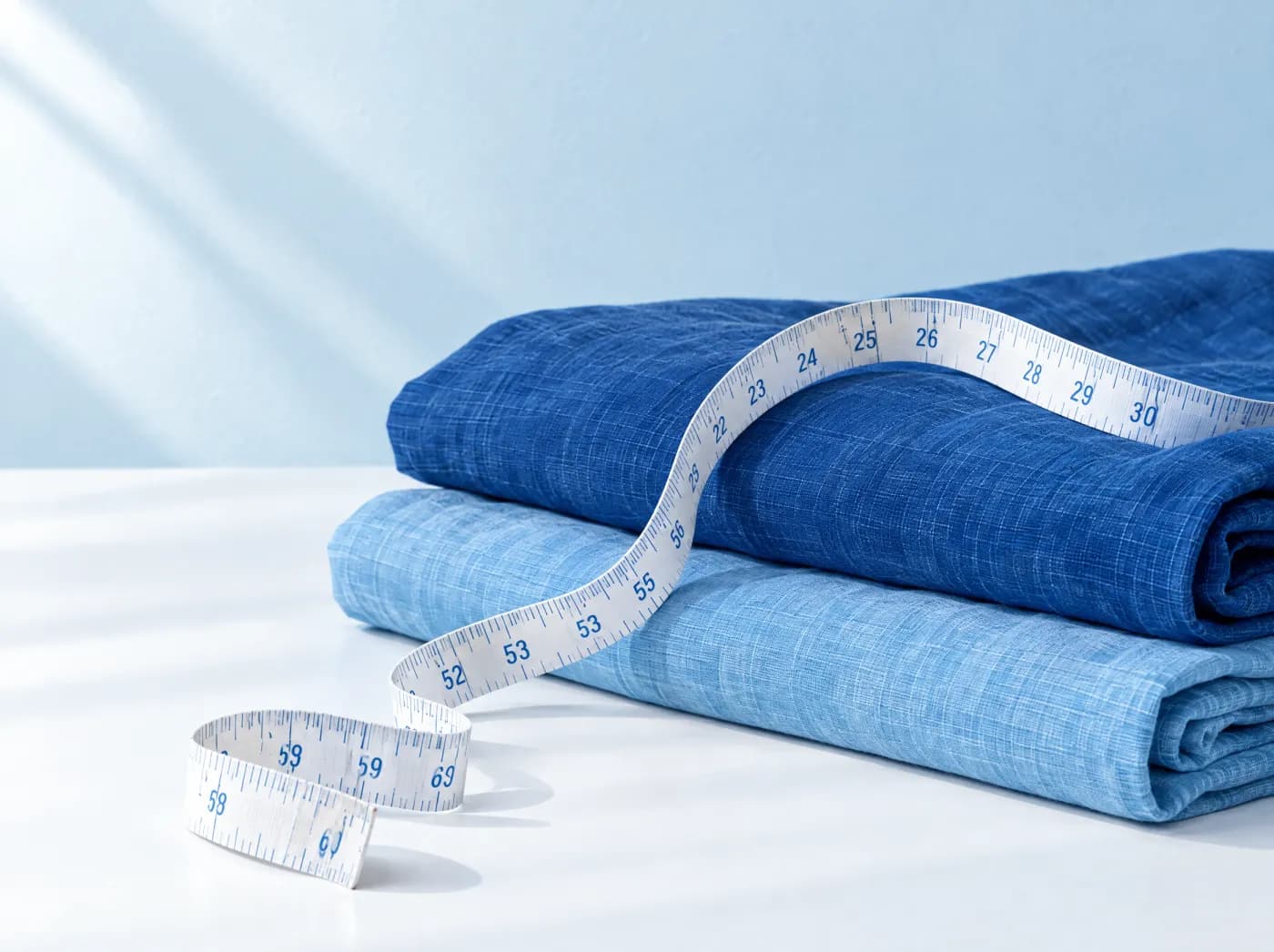 A measuring tape draped over folded navy and ice-blue linen