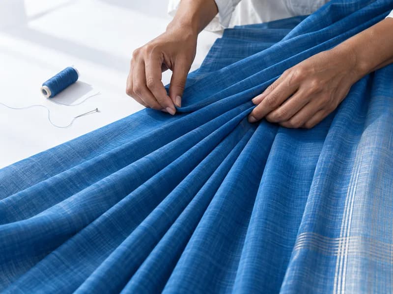Hands carefully arranging pleats in blue handloom fabric