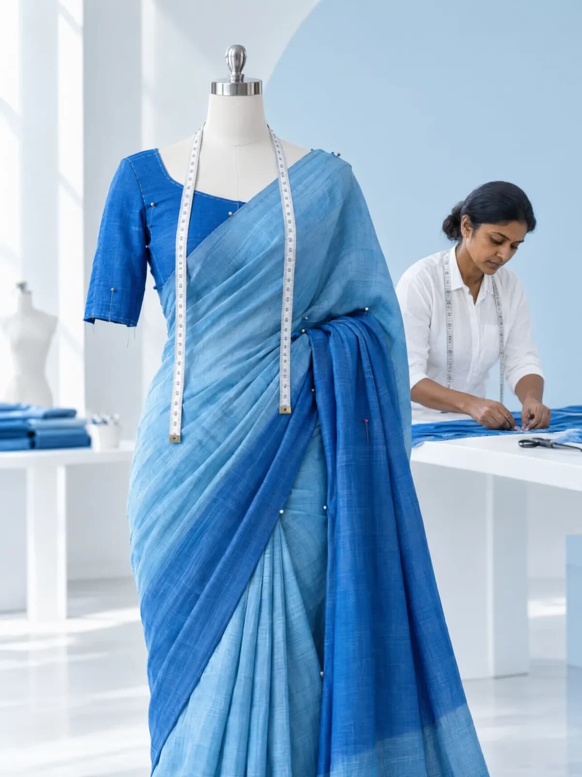 A blue saree and blouse being fitted on a dress form in a bright workshop