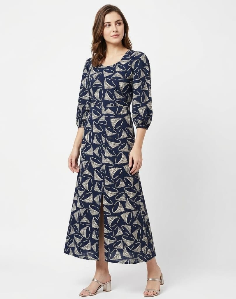 Front view of navy blue printed maxi dress with 3/4 sleeves and front slit