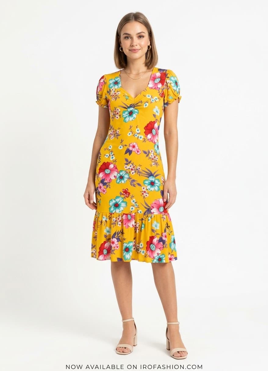 Front view of mustard floral short-sleeve frock with ruffle hem