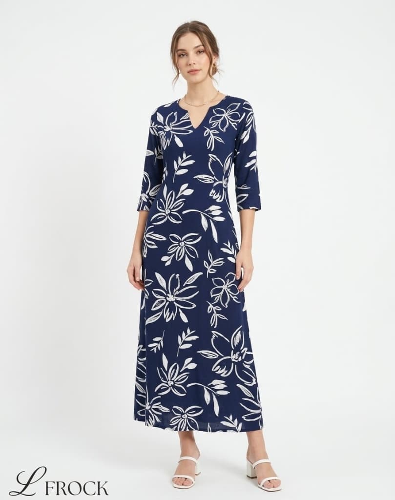 Front view of navy blue maxi dress with white floral print and 3/4 sleeves